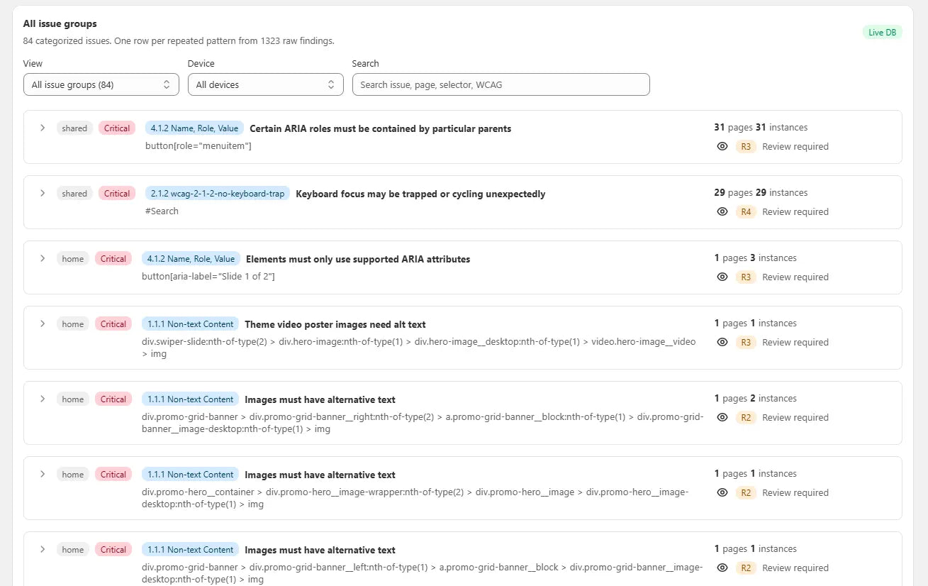 ADAI issue groups showing WCAG standards, affected pages, instances, and review status.